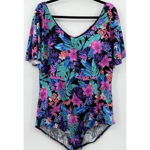 Swimsuits for All Women's Flutter‎ Sleeve 1 Piece Tropical Plus Sz 28 Black Pink